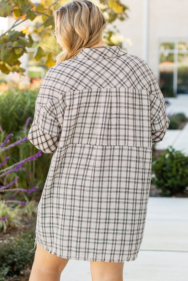 White Stripe Plaid Buttoned Raw Hem Tunic Shirt Dress