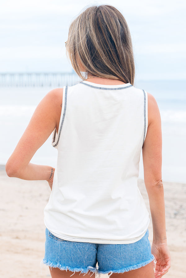 White Sweet Bow Stitching Trim Sleeveless Top