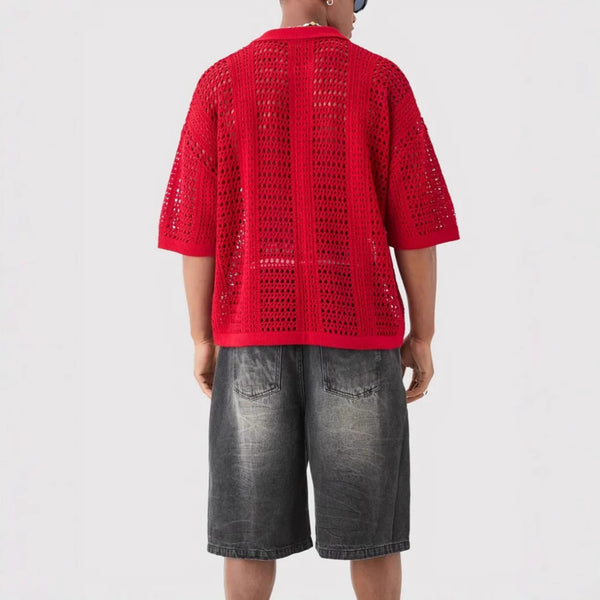 Hollow Mesh Texture Knitted Polo Shirt
